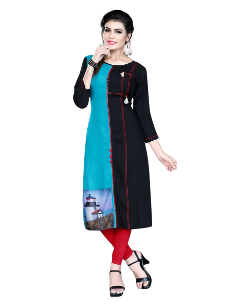blue and black patch work straight fit rayon kurti