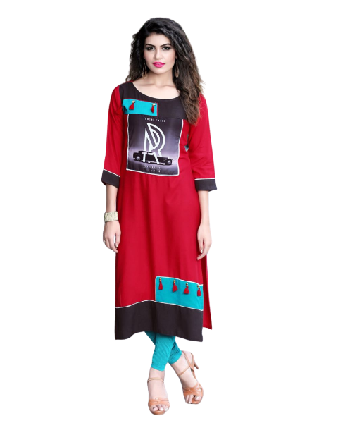 red blue and black patch work straight fit rayon kurti