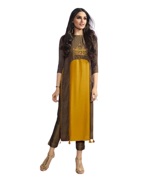 brown and yellow embroidery work straight fit rayon kurti