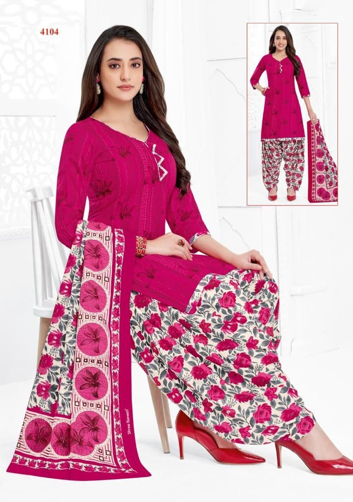 A ready-to-wear pink and white floral print cotton suit with a fully stitched design, displayed in two images with different angles.
